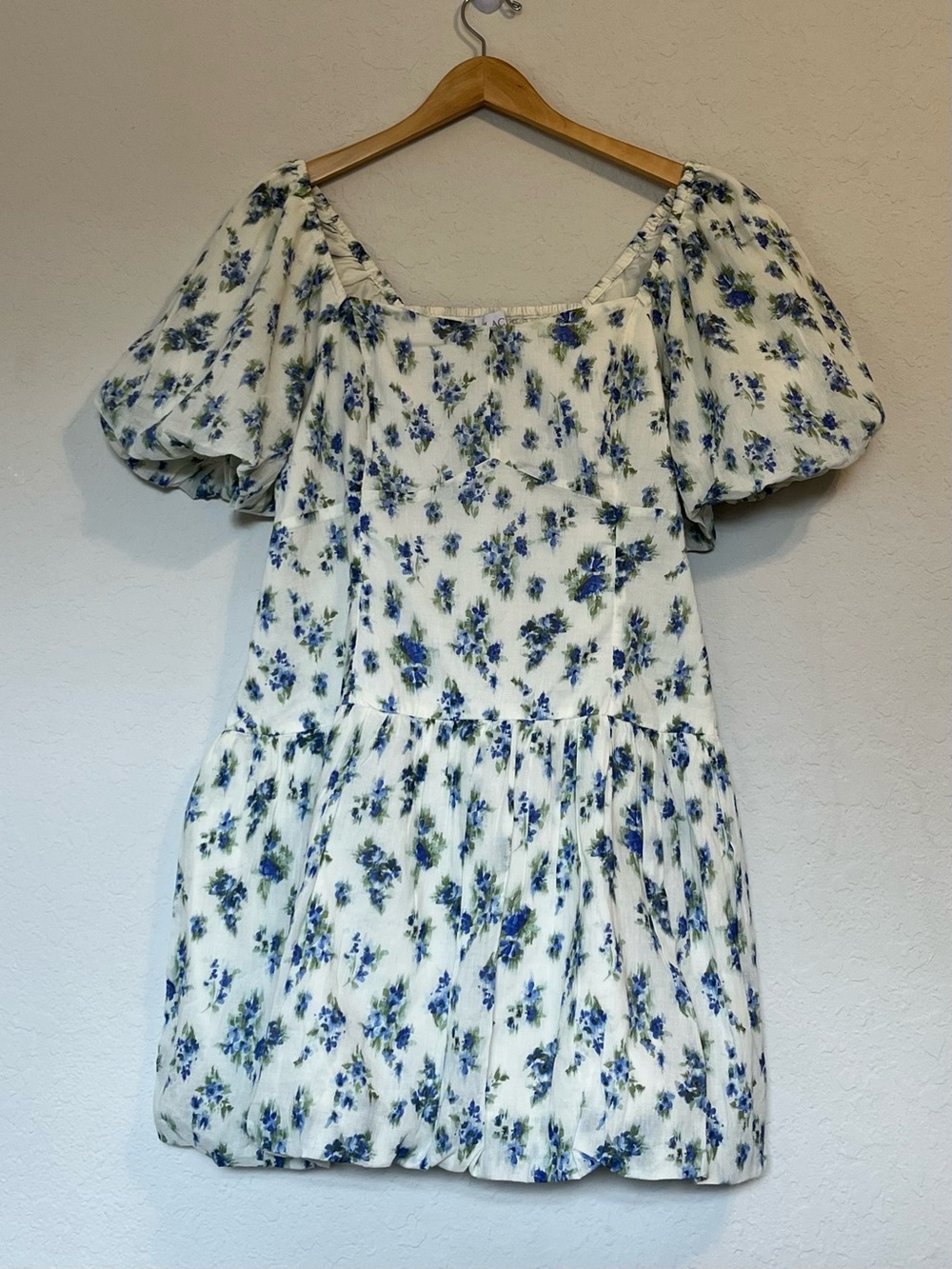 The Place Floral Puff Sleeve Mini Dress XXL Adult Blue White Cottagecore NWOT